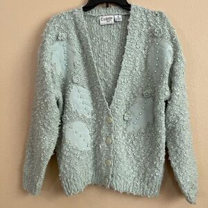 Grannycore Easter Vintage Size M Mint Green Pastel Leaf Embellished Cardigan
